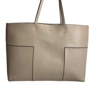 Tory Burch light gray taupe leather tan tote bag